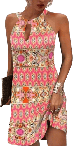 Beimuc Women Summer Sleeveless Halter Neck Dresses 2025 Casual Floral Print Dress Mid Sun Dress for Party Beach Vacation 3X-Large Bohemia Pink