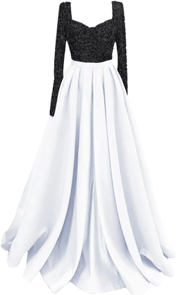 GARDOM Long Sleeve Satin Prom Dresses for Women Sparkly Sequin Ball Gowns Formal Evening Gowns with Pockets Black White 0