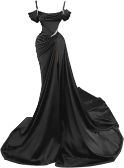 Dexinyuan Mermaid Prom Dresses for Women 2025 Beaded Satin Ball Gown Off Shoulder Long Slit Formal Evening Gowns 4 Black