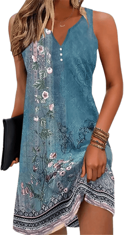 ETCYY Womens Sundresses for Beach Dress Vacation 2025 Boho Floral Printed Casual Button V Neck Sleeveless Summer Dresses Medium Flower Wallpaper Blue