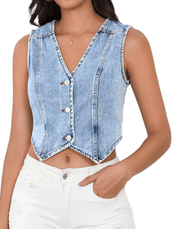 SHENHE Women's Denim Vest Button Down Sleeveless Jean Vest Top Y2K Cropped Denim Jacket Country Fashion Western Clothes Medium Blue B
