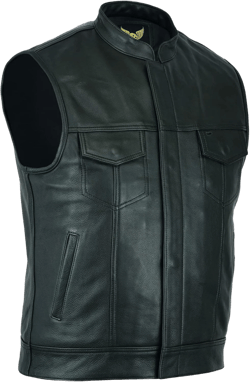 Leatherick Mens Black Motorcycle Vests - SOA Club & Traditional Paisley Satin Liner Leather Biker Vests Small Black (With Collar)
