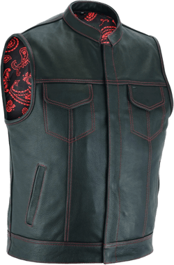 Leatherick Mens Black Motorcycle Vests - SOA Club & Traditional Paisley Satin Liner Leather Biker Vests X-Large Red & Black Paisley (With Red Stitching)