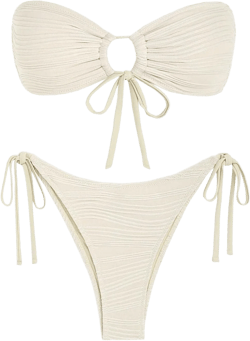 ZAFUL Women's Bandeau Bikini Set O Ring Strapless Swimsuit Tie Side Swimwear Halter Two Piece Bathing Suit 446_beige Small