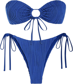 ZAFUL Women's Bandeau Bikini Set O Ring Strapless Swimsuit Tie Side Swimwear Halter Two Piece Bathing Suit 446_navy Blue X-Small