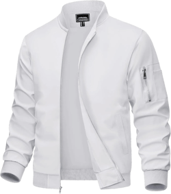 MAGCOMSEN Men's Bomber Jacket Lightweight Casual Windbreaker Spring Fall Zip Up Coat with 5 Pocket #01 White Small