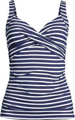 Lands' End Womens Chlorine Resistant Underwire Wrap Tankini Top Deep Sea/White Media Stripe Long Torso 10