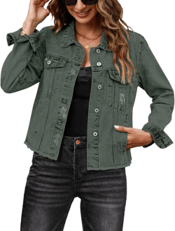 luvamia Denim Jacket for Women Distressed Jean Jackets Button Up Vintage Western Trucker Jacket Frayed Hem Pockets Large Army Green