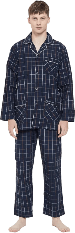 GLOBAL Men 100% Cotton Pajamas Set Button Down Pjs Long Sleeve Pajamas for Men Soft Comfy Sleepwear X-Large Elegant Dark Blue Grids