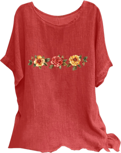 Womens Cotton Linen T Shirts Summer Sunflower Print Short Sleeve Tee Boxy Round Collar Tops Comfy Gauze Blouses A02-red Small
