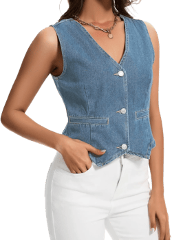 Womens Denim Vest Sleeveless V Neck Button Down Jean Jacket Y2K Summer Crop Tops Light Blue Large