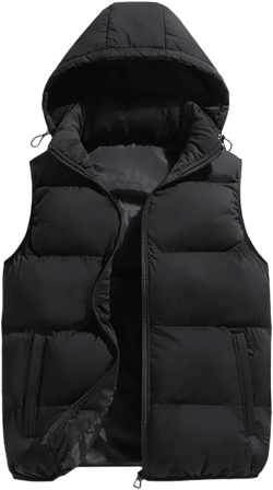 hathne Men's Winter Puffer Vest Sleeveless Warm Zipper Lightweight Jacket Vest with Removable Hood Black Medium