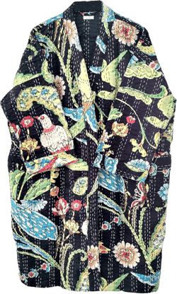 Lightweight Open Front Peacock Print Mid Length Women Free Size Ethnic Cotton Outwear Kantha Jacket One Size Black