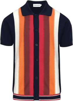 OXKNIT Men’s Knitted Vintage Polo, Gradient Stripe Short Sleeve Retro Polo Shirt for Men 60s&70s Navy Blue Orange Large