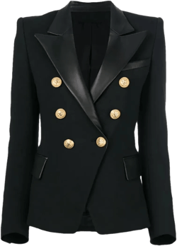 Women's Jacket Leather Patch Collar Black Blazer Gold Button Slim Suit