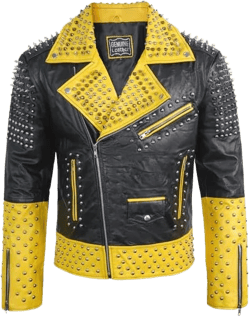 Mens Multicolor Motorcycle Genuine Leather Spiked Jacket Rockstar Rock Punk Brando Biker Studded Leather Jacket Medium Yellow & Black