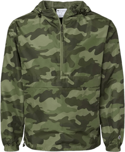 Champion CO200 Men's Hooded Packable Quarter-Zip Jacket, Lightweight Wind & Water-Resistant Pullover with Adjustable Hood Large Olive Green Camo