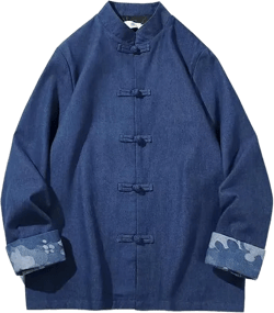 Chinese Wind Men's Denim Jacket Tang Suit Hanfu Jacket Top Spring Autumn Casual Plus Size Kung Fu Coat 3X-Large Y726 Blue