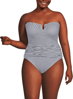 Lands' End Women's Plus Size Slender Suit U-Wire Bandeau Tankini Top - 16W - Deep Sea Navy Mini Stripe
