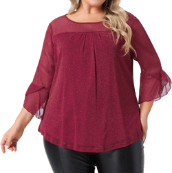 Agnes Orinda Women's Plus Size Glitter Sheer Double Layers Ruffle 3/4 Sleeve Pleated Tunic Top Red 2X