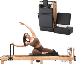 PAETA Pilates Reformer, Wooden Foldable Pilates Reformer Machine for Home and Studio, Pilates Machine Equipment with Sitting Box, Jump Board and Mat
