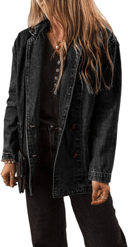 Women's Classic Black Denim Jacket with Lapel Collar and Side Pockets