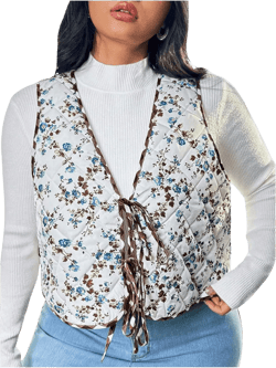 MakeMeChic Women's Plus Size Floral Print Sleeveless Padded Vest V Neck Vintage Outwear Vest XX-Large Plus Multicolor