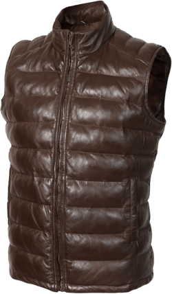 STREGA Puffer Vest Men Real Lambskin Leather Quilted Down Waistcoat Jacket - Outdoor Sleeveless Mens Vests Large Brown