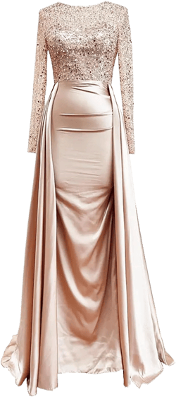 SanLIJIAN Women's Mermaid Satin Evening Dress O Neck Long Sleeves Beads Sequin Formal Prom Wedding Party Gowns 18 Champagne