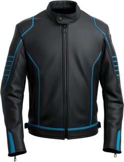 Men's Black Leather Biker Jacket with Blue Accent Stripes | Slim Fit | Zip Pockets | Motorcycle Moto Jacket for Men