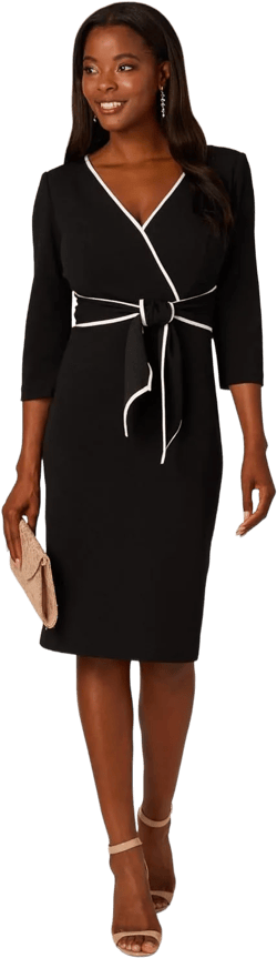 Adrianna Papell Women's Piping Tie Front Midi Dress 14 Black/Ivory