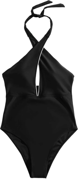 Women Monokini Swimsuit Hollow Out Sexy Bathing Suit Solid Color Halter Swimwear High Waisted Slim Swimming Costume Small Black
