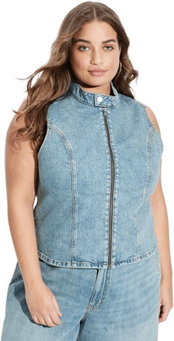 Women&#39;s Zip-Up Denim Moto Vest - Wild Fable&#8482; Light Wash 2X: Midweight Cotton Blend, Zip-Off Hood, Machine Washable