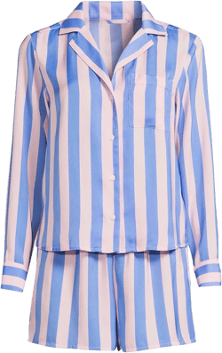 Lands' End Women's Matte Satin 2 Piece Pajama Set - Long Sleeve Top and Shorts - Large - Light Rose Pink/Brisk Blue