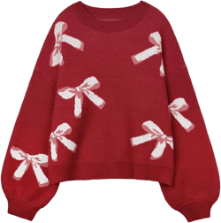 Womens Oversized Cute Bow Tie Sweater Spring 2025 Cozy Chunky Ribbed Knit Crewneck Long Sleeve Pullover Tops Red Medium