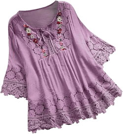 2025 Clearance! Womens Clothes Clearance asdoklhq Long Sleeve T Shirts for Women,Women Vintage Lace Patchwork Bow V-Neck Three Quarter Blouses Top T-Shirt