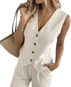heipeiwa Women's Cotton Linen Vest Button Down Sleeveless V Neck Tank Tops Waistcoat Jacket Beige XX-Large