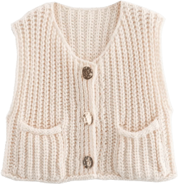 LOFAAC Women Chunky Crochet Knit Vest Casual Sleeveless Button Down Open Front Sweater Vest Button V Neck Knit Cardigan Large Beige