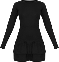  Black Cotton Long Sleeve Tiered Shift Dress