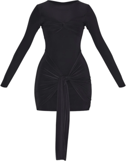 Black Slinky Long Sleeve Wrap Twist Detail Mini Dress