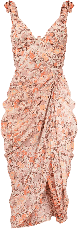Peach Floral Print Underwire Detail Draped Midi Dress