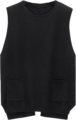 Blostirno Women's Crewneck Sweater Vest Trendy Ribbed Sleeveless Knit Pullover Loose Fit Split Hem Tops with Pockets Large Black