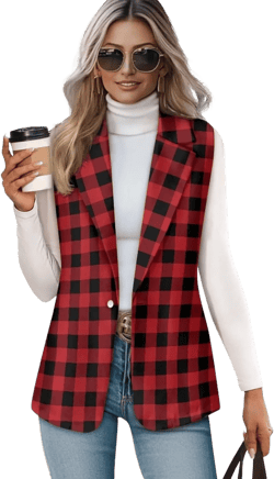 Women's Dressy Casual Sleeveless Vest Suit Waistcoat One Button Loose Fit Business Blazer Red and Black Square Medium