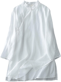 Womens Stand Collar Tops Casual Chinese Frog Button Traditional Tees Summer 3/4 Sleeve Linen Side Split Comfy Tunics XX-Large White