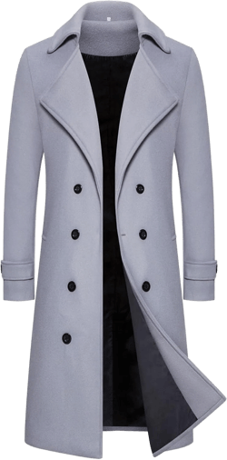 Trench Coat Men Winter Wool Blend Coat Notched Collar Double Breasted Pea Coat Business Long Jacket Trench Overcoat 4X-Large Light Gray
