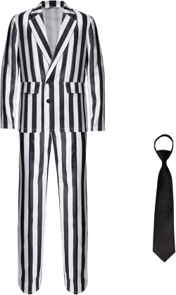 Men Black and White Striped Suit Spooky Cosplay Party Outfit With Wig Tie for Men 80s Movie Costumes for Halloween