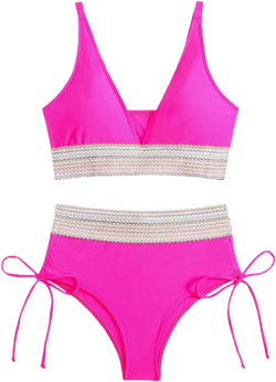 Women's Color Blocking Deep V Bikini Pleated Swimsuit Plus Size Bikini for Women Sunflower Hot Pink Small