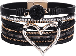 Leather Wrap Bracelets for Women Boho Multi Layer Crystal Cuff Bracelet Jewelry Trendy Bracelets with Clasp Strackable Bohemian Jewelry Gifts for Women e-Black