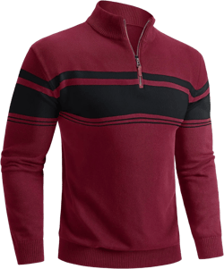 Boladeci Men's Sweaters Quarter Zip Pullover Premium Cotton Comfort Mock Neck Striped Fall Winter Fashion Thermal Sweaters Medium Wine Red Black