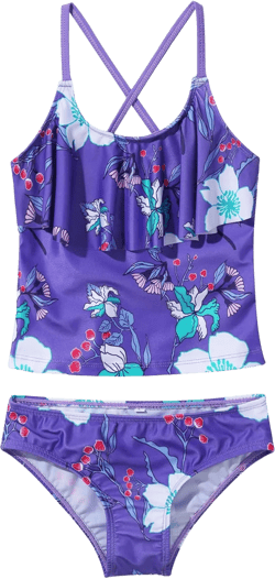 Kids Girls 2 Piece Tropical Print Tankini Sets Bathing Suit Spaghetti Strap Ruffles Hawaii Swimsuit 12 Years Purple